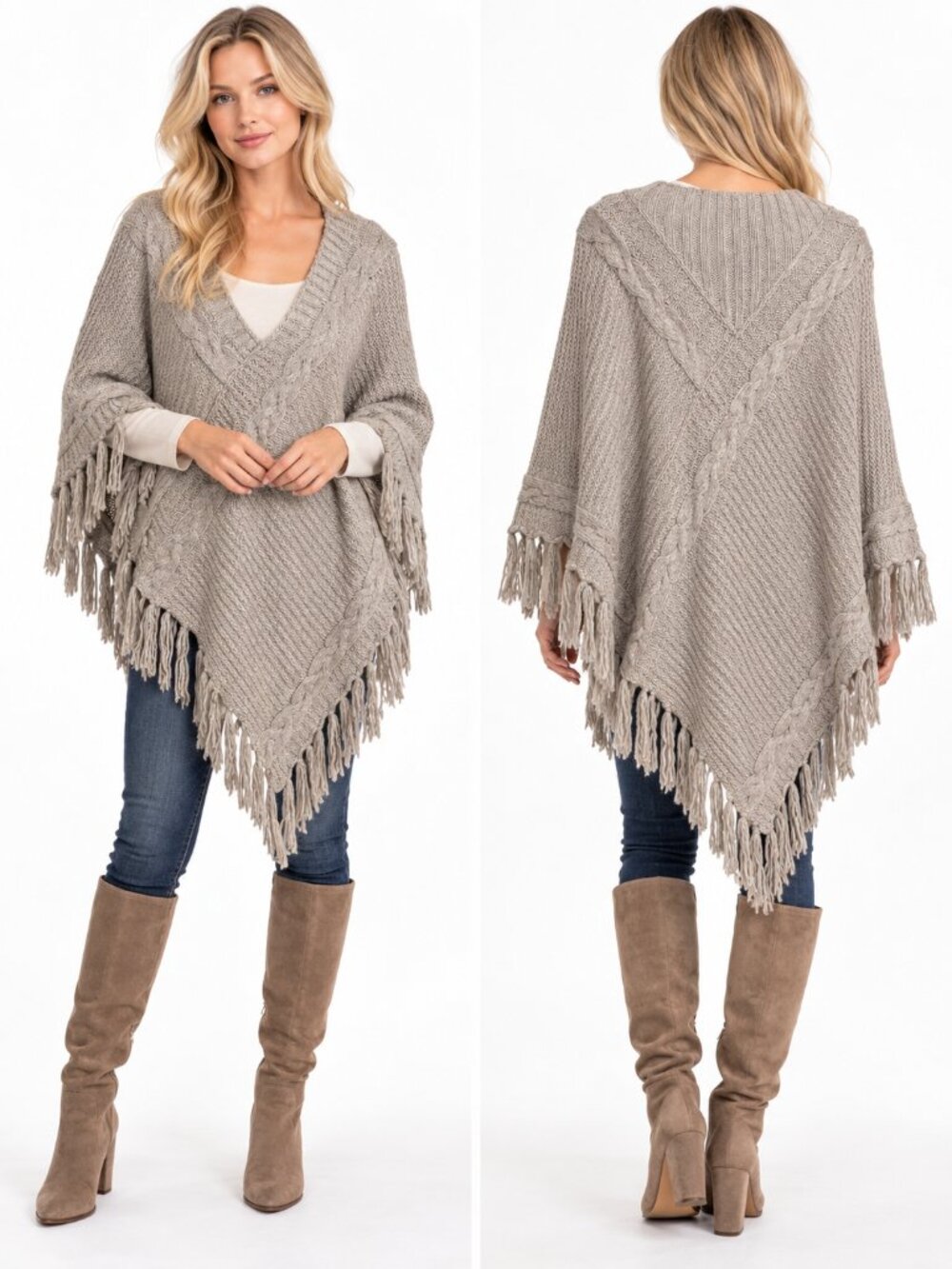 BCBGMAXAZRIA Cable Knit Fringe Poncho Women's S/M Stone Boho Cozy Sweater